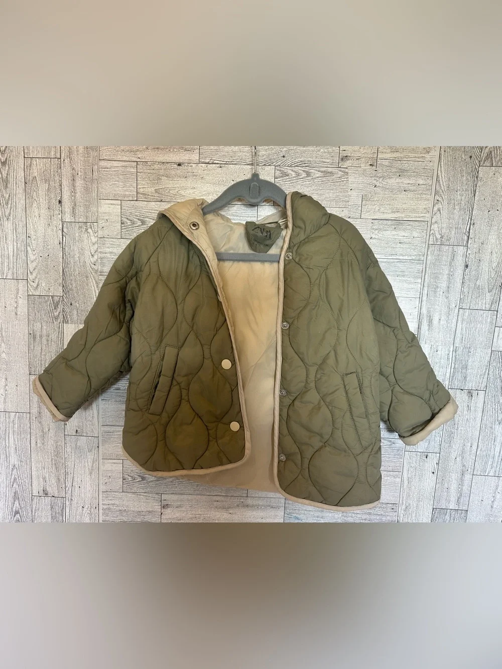 Zara Kids Olive Quilted Coat with Cream Lining size 18-24 months